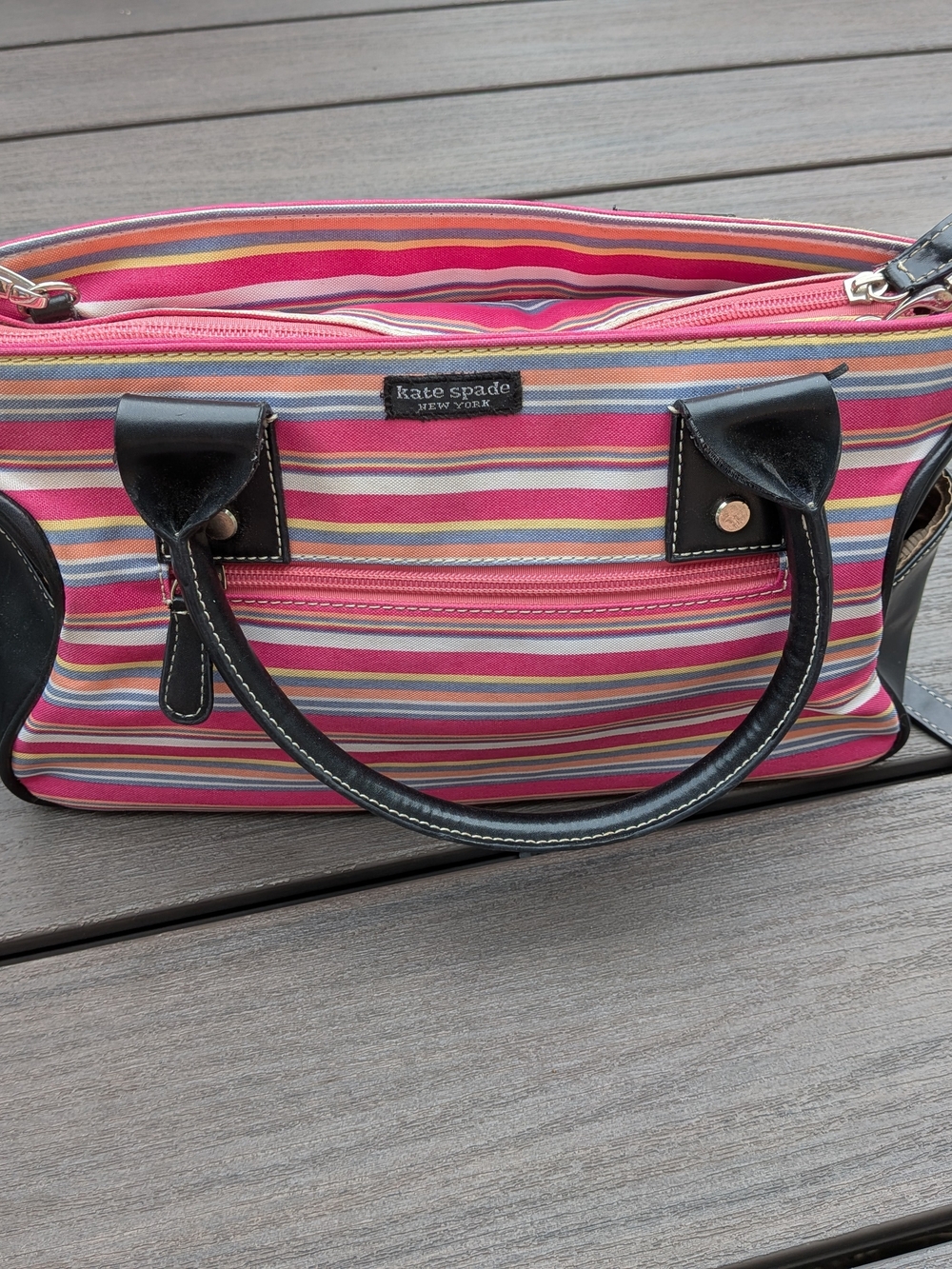 Vintage kate spade Pink Multi-Stripe Satchel with Black Trim - Picture 4 of 14